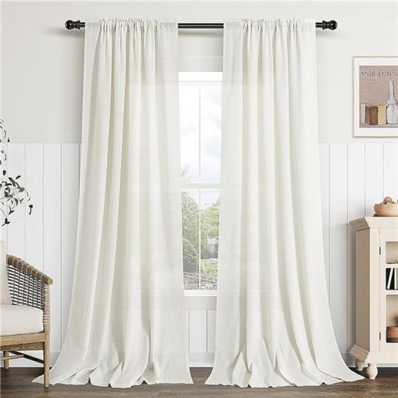 Natural Linen Curtains 84Inch Length 2Panels for LivingRoom Rod Pocket SemiSheer - Picture 1 of 7